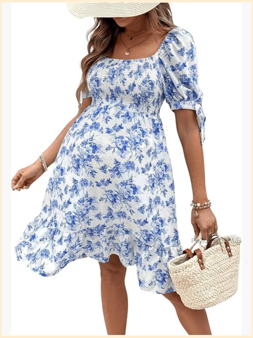 Maternity Summer Beach Sundress Floral Puff Sleeve Baby Shower Dress